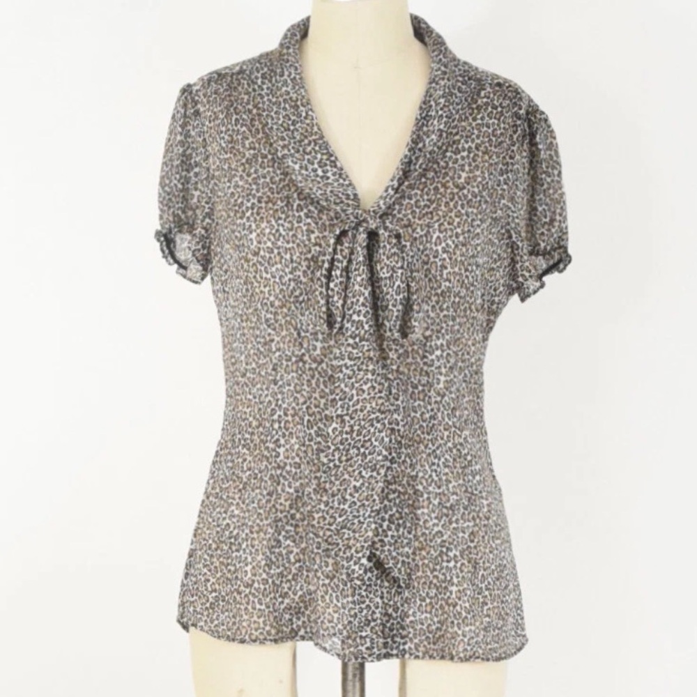 White House Black Market Leopard Chiffon Blouse Bow Sheer S - Picture 2 of 6